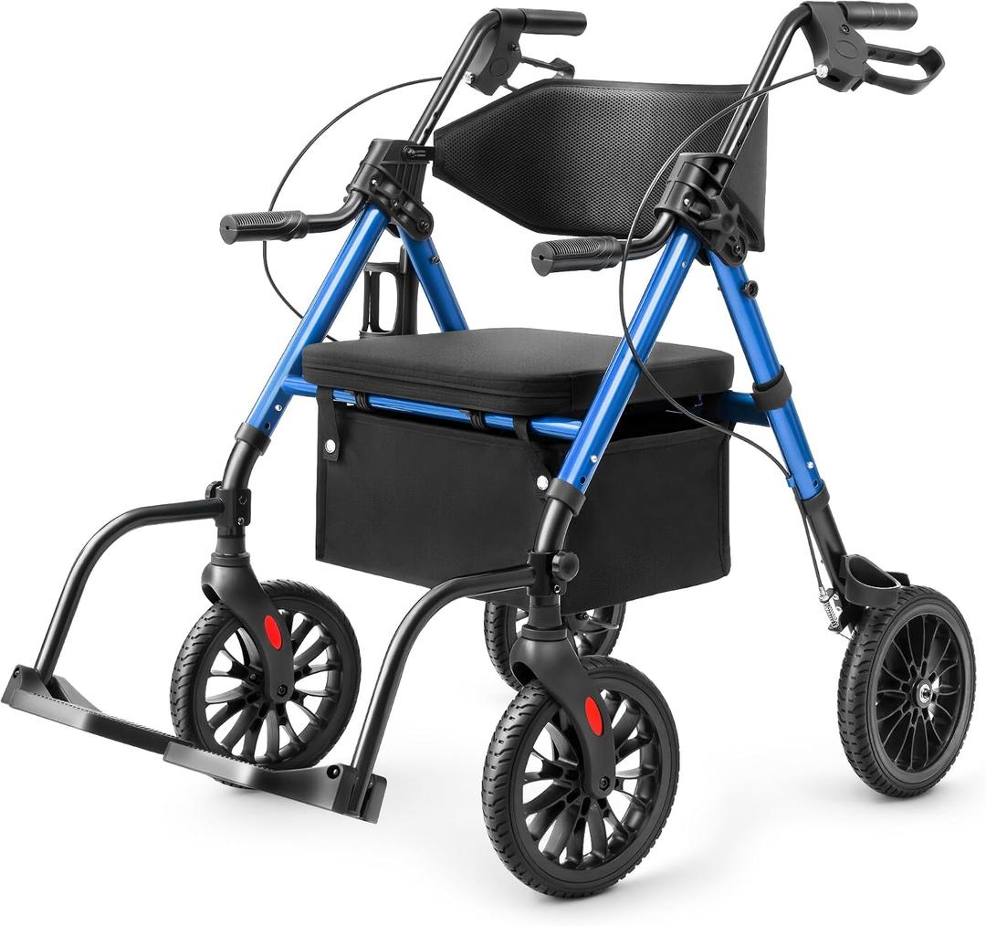 2 in 1 Rollator Walker for Seniors with Seat, Walker Wheelchair Combo, Transport-Wheelchair-Lightweight-Foldable with Adjustable Seat and Handle, 300 Lb. Weight Capacity, Blue