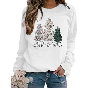 ASTANFY Merry Christmas Sweatshirt for Women Plaid Holiday Long Sleeve Tree Pullover Lightweight Shirt (XX-Large, White)