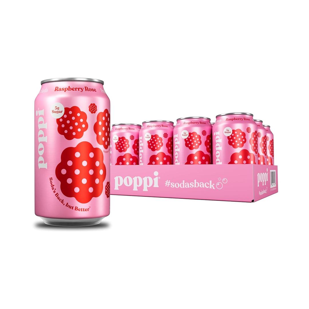 Poppi Sparkling Prebiotic Soda Beverage with Apple Cider Vinegar, Seltzer Water and Fruit Juice, Raspberry Rose Flavor, 12 oz, Pack of 12, Packaging May Vary (EXP 12/30/26)