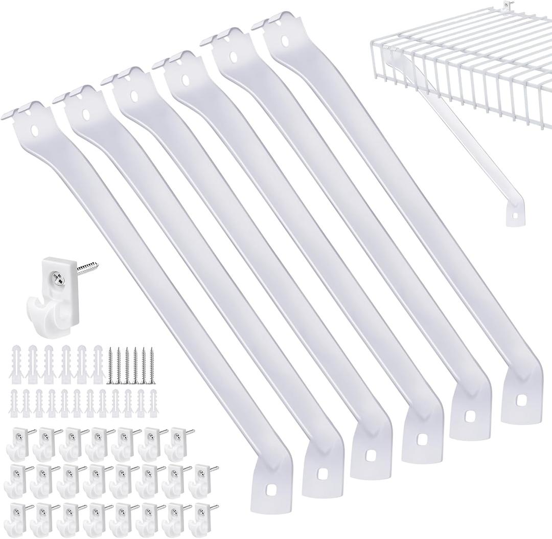 6-Pack 12-Inch Support Brackets for Wire Shelving Wire Shelf Brackets + 24 Pcs Wire Shelf Clips, with Anchors and Pins for Installation Wire Shelving Support Brackets for Support Closet Wire