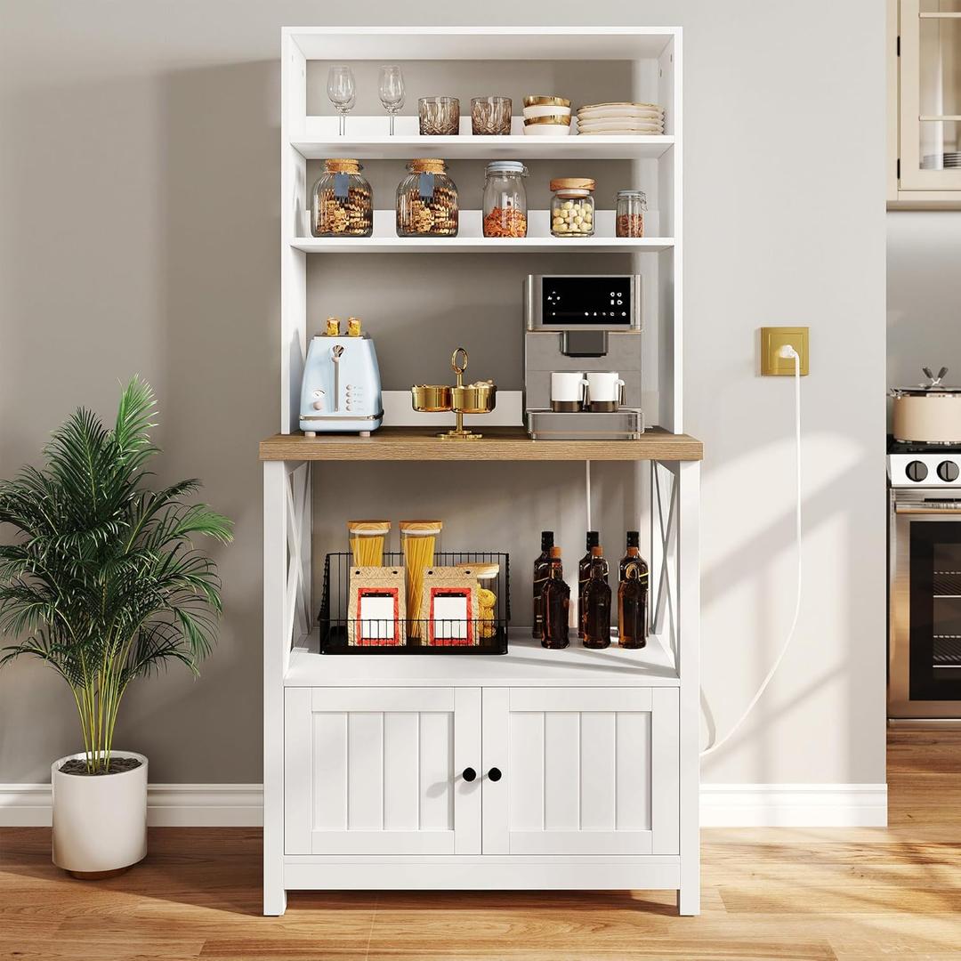 YITAHOME White Microwave Stand Bakers Rack Cabinet, Farmhouse Freestanding Small Kitchen Pantry Hutch Tall w Door Power Outlet Thickened Counter, Coffee Bar Storage Shelves (31.5''W) YITAHOME White Microwave Stand Bakers Rack Cabinet, Farmhouse Freestanding Small Kitchen Pantry Hutch Tall w Door Power Outlet Thickened Counter, Coffee Bar Storage Shelves (31.5''W)