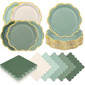 Sage Green Birthday Decorations, 100 Pcs Gradient Scalloped Plates and Napkins Set, Sage Green Paper Plate with Gold Edge for Wedding Baby Shower Bridal shower Birthday Party