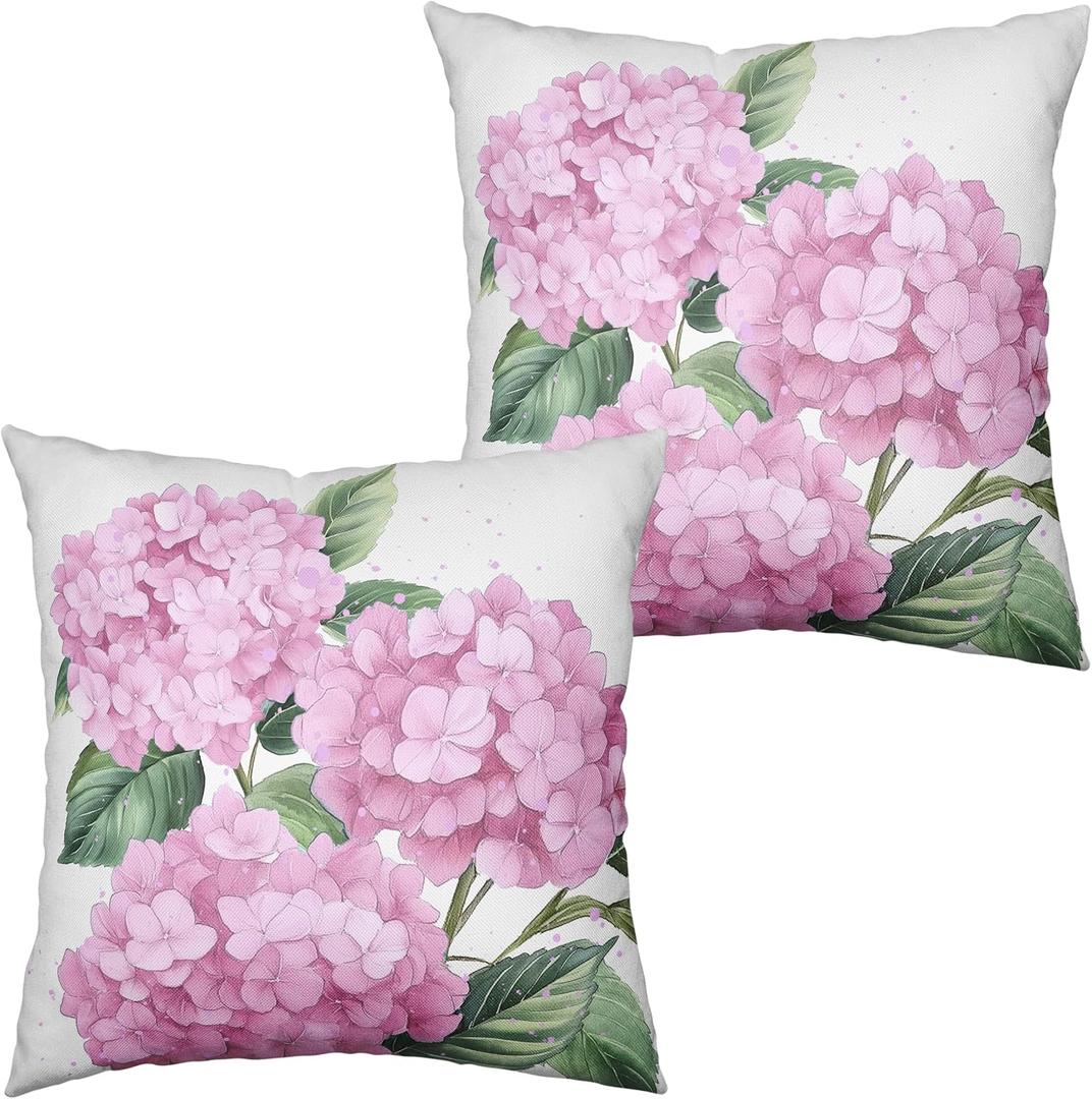 Pink Hydrangea Pillow Covers 20x20 Set of 2 Spring Summer Decorative Pillow Covers Flower Throw Pillow Case Square Cotton Linen Cushion Case for Outdoor Living Room Couch Sofa