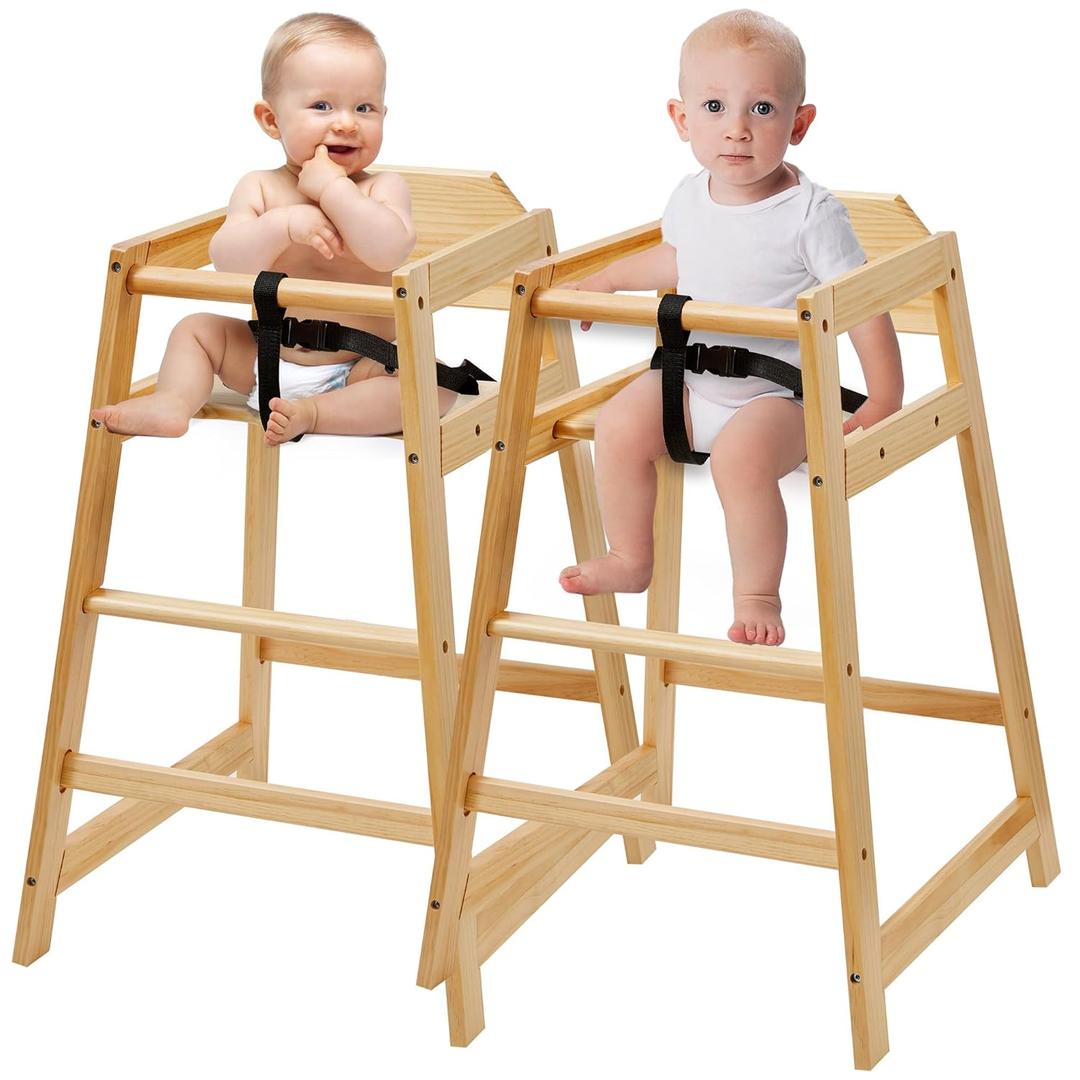 2 Pack Wooden High Chair for Babies & Toddlers, Restaurant-Style Stackable High Chair with Commercial Grade Solid Wood for Dining Table & Kitchen, Easy to Clean Baby Booster Seat - Natural
