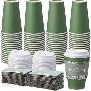 Zopeal 50 Pcs Disposable Coffee Cups Paper Coffee Cup with Lids and Sleeves Hot Cups with Lids Travel Cups with Lids for Beverages Wedding Travel Business Party Supplies (Dark Green,12 oz)