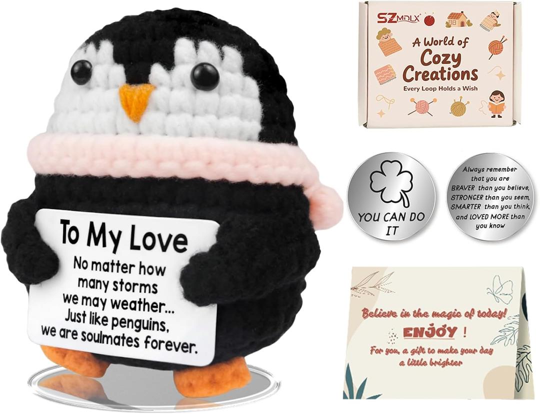 Positive Gifts-to My Love Crochet Penguin,Handmade Crochet Animals for Him Her Boyfriend Girlfriend Birthday Christmas, Wedding Anniversary Valentines Gift for Women Men,Romantic I Love You Gift