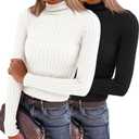 2 Pack Womens Long Sleeve Turtleneck Shirts Basic Fall Thermal Lightweight Pullover Tops Trendy Comfy Undershirts (X-Large, 0-black, Ivory White)