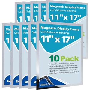 10Packs Magnetic Sign Holder, 11x17 Self Adhesive Display Frame with Strong Magnetic Frame and Clear PVC for Office Store Home Door Window Refrige Magnetic Paper Holder, Silver
