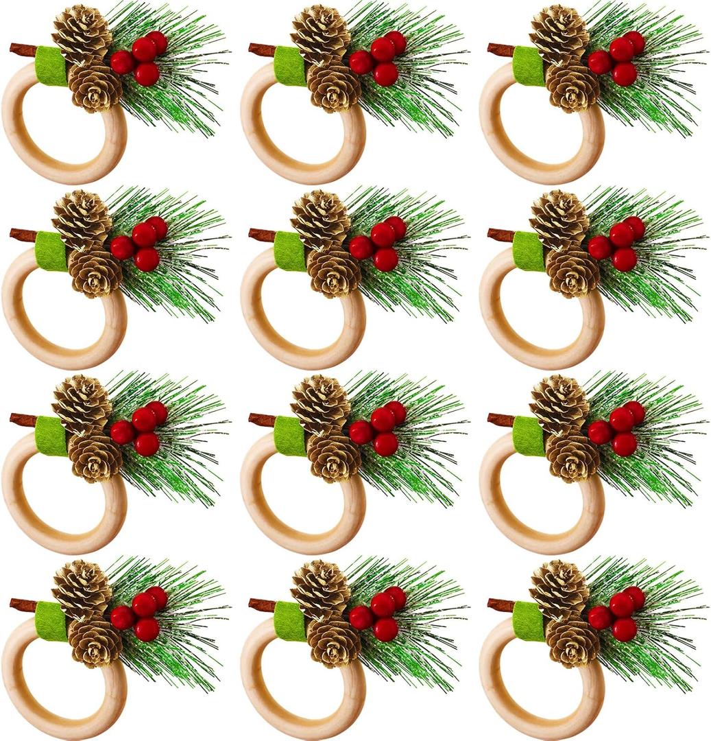 12 Pieces Christmas Napkin Rings Holder Pine Cones Poinsettia Pumpkin Wooden Napkin Rings Decor for Christmas Thanksgiving Birthday Party Supplies (Rustic Style)