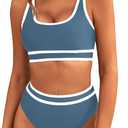 BMJL Women's High Waisted Bikini Sets Sporty Two Piece Swimsuits Color Block Cheeky High Cut Bathing Suits (Grey Blue011) S