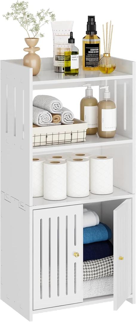 Bathroom Storage Cabinet, 4-Tier Small White Floor Cabinet Freestanding Organizer with Door for Living Room Hallway Small Space