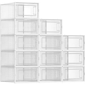 SONGMICS Shoe Boxes, Pack of 12 Shoe Storage Organizers, Stackable Clear Plastic Boxes for Closet, Sneakers, 13.1 x 9.1 x 5.6 Inches, Transparent and White ULSP12SWT