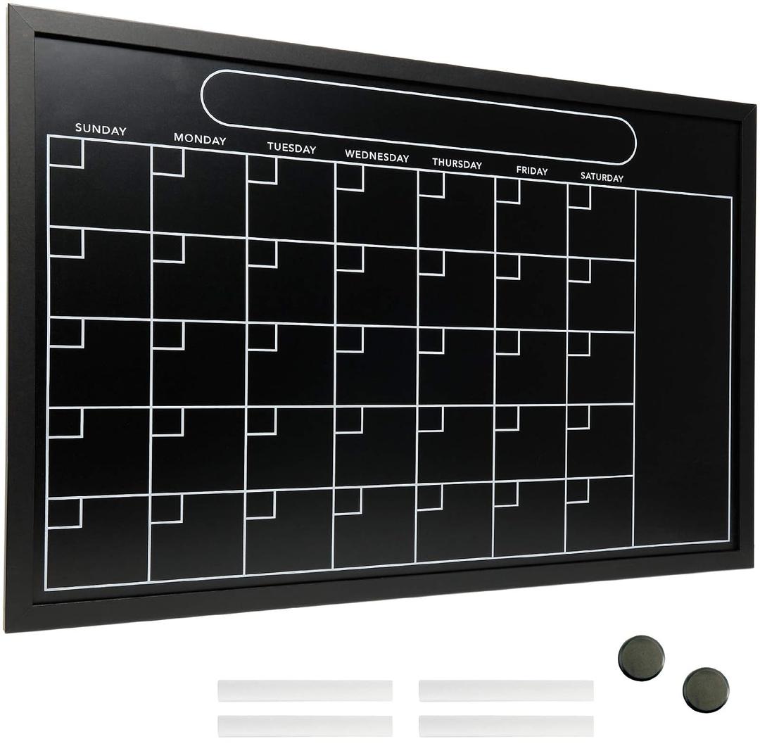 Excello Global Products Magnetic Calendar Chalkboard Large 20"x30" Black Board Weekly Monthly Format Reminder Note Section Office School Planner Erasable Wall Mounted