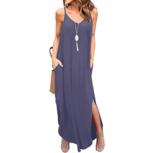 GRECERELLE Women's Summer Casual Loose Dress Beach Cover Up Long Cami Maxi Dresses with Pocket (Medium, 04 Purple Gray)