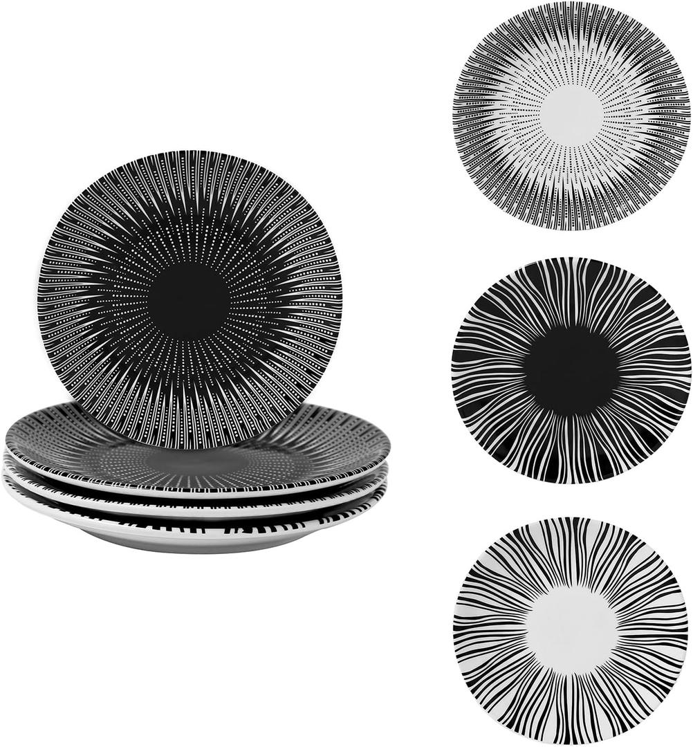 6 Inch Set of 4 Assorted Designs, Porcelain Plates With Patterns,Black Ceramic Dessert Plates, Dishware for Sandwiches Salad Pasta,Microwave Oven Dishwasher Safe