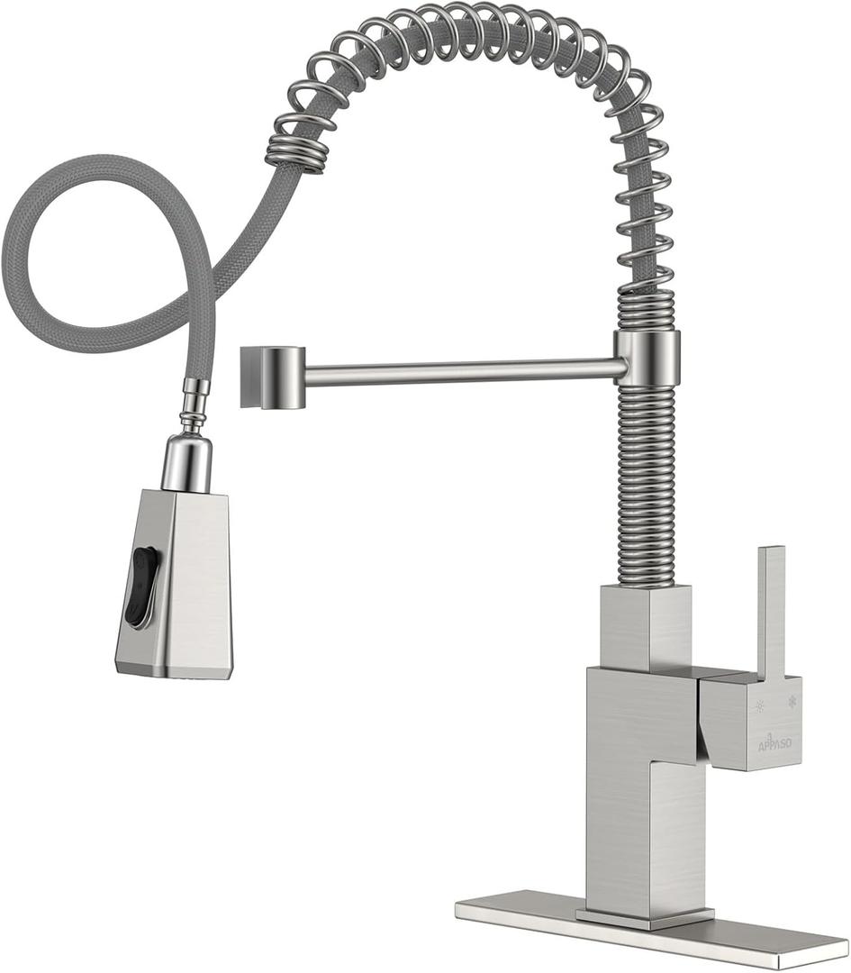 APPASO Square Kitchen Faucets with Pull Down Sprayer, 3 Modes SUS304 Stainless Steel Faucet for Kitchen Sink, Single Handle Kitchen Sink Faucet, Brushed Nickel (Silver)