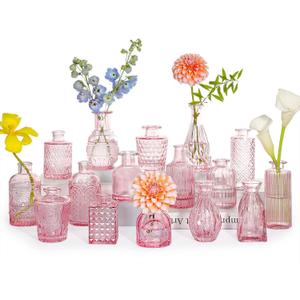 SUPMIND Glass Bud Vase Set of 16, Small Pink Flower Vases for Table Centerpieces in Bulk, Cute Mini Vintage Vase for Wedding, Home Decor, Table Decoration