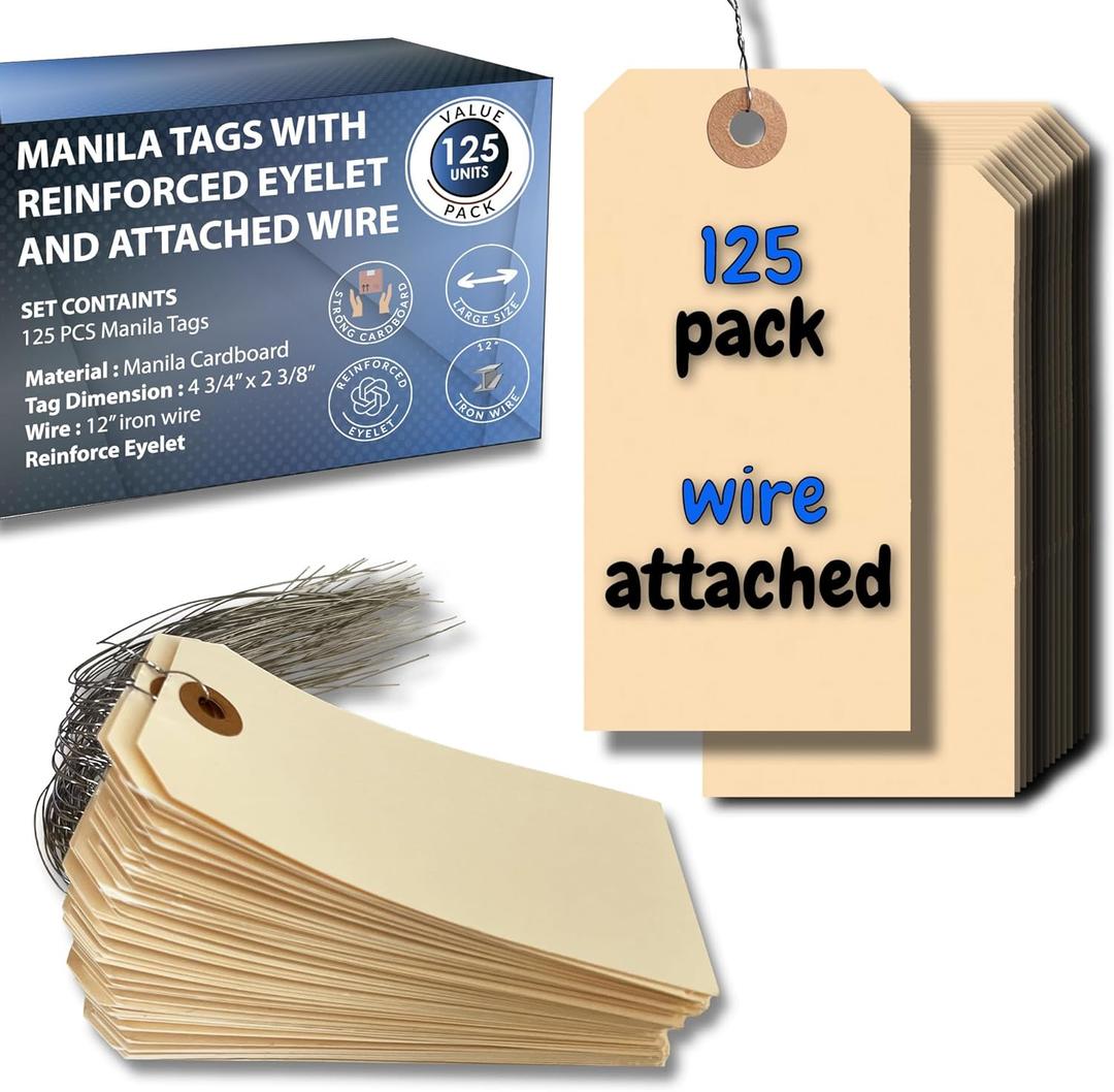 2 x Easytwelve - 125 Pcs Hang Tags Labels with Reinforced Eyelet with Wire Cardboard for Labeling Price Sale Shipping Product Inventory Luggage Garage Hanging Items 4 3/4 x 2 3/8 inch (Wire Attached)