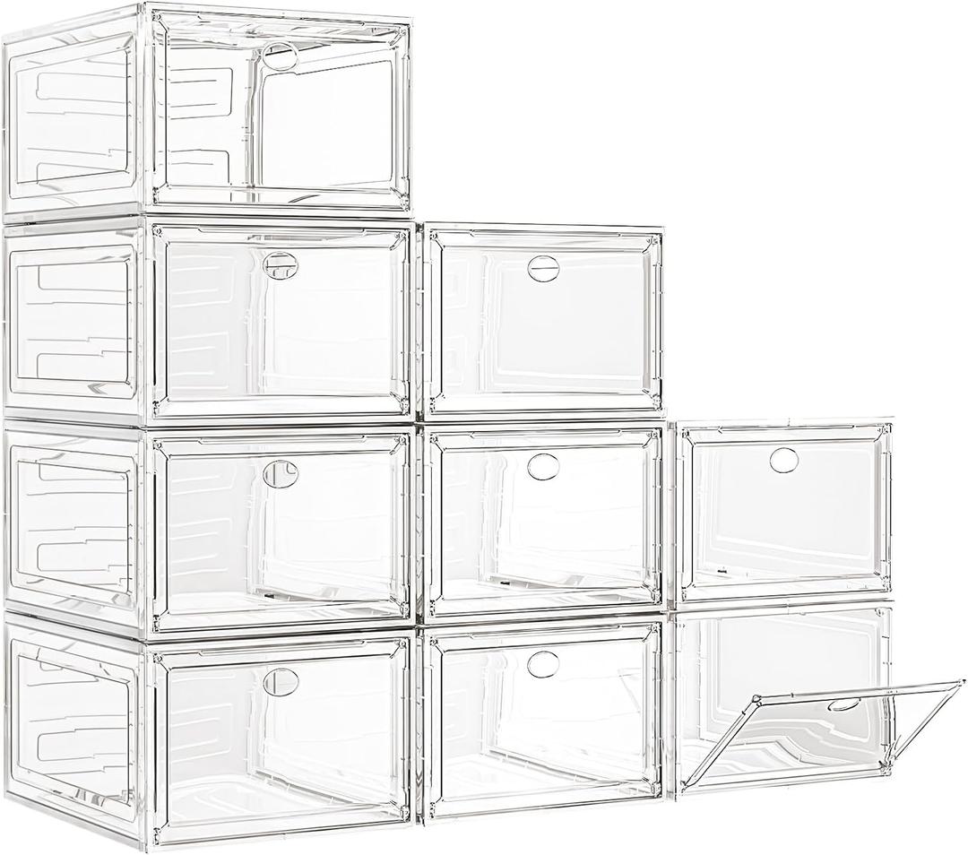 7 code Large Clear Shoe Boxes OrganizerThicker Material Stronger Shoe Box with Magnetic Door, Stackable Shoe Storage Box for Closet, Foldable Space-Saving Storage Bins Shoe Cabinet, White 9 Pack