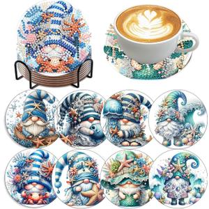 mrpwnle 8 Pack Diamond Art Coasters Kits - Gnomes Diamond Painting Coasters Kit Set with Holder Cork Pads, DIY Non Slip Coaster Craft Kits for Adults Beginners Ideal Gifts