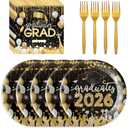 72 Pcs Graduation Party Plates and Napkins, Black Gold Disposable Dessert Paper Plates Luncheon Napkins and Forks Dinnerware Set Supplies for Congrats Grad Party Decorations, Serve 24