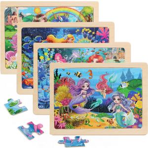 Wooden Puzzles for Kids Ages 4-6, 4 Packs 24 PCs Unicorn Mermaid Princess Fairy Jigsaw Puzzles, Preschool Educational Brain Teaser Toys for Girls 3 4 5 6 Years Old