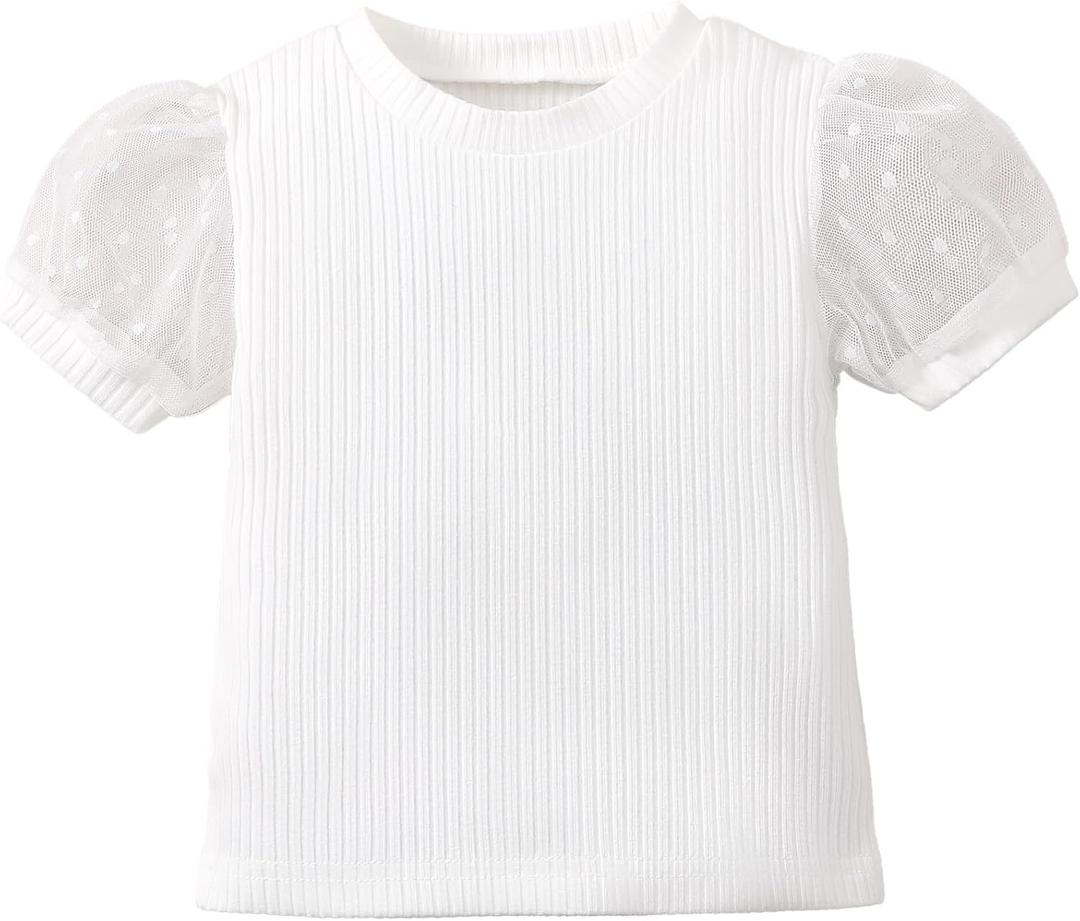 OPAWO Toddler Girl Shirts, Puff Dot Sleeve Baby Tee Shirt, Ribbed Short Sleeve T-Shirt, Solid Color Girls Tshirt Tops, White, 6-7 Years
