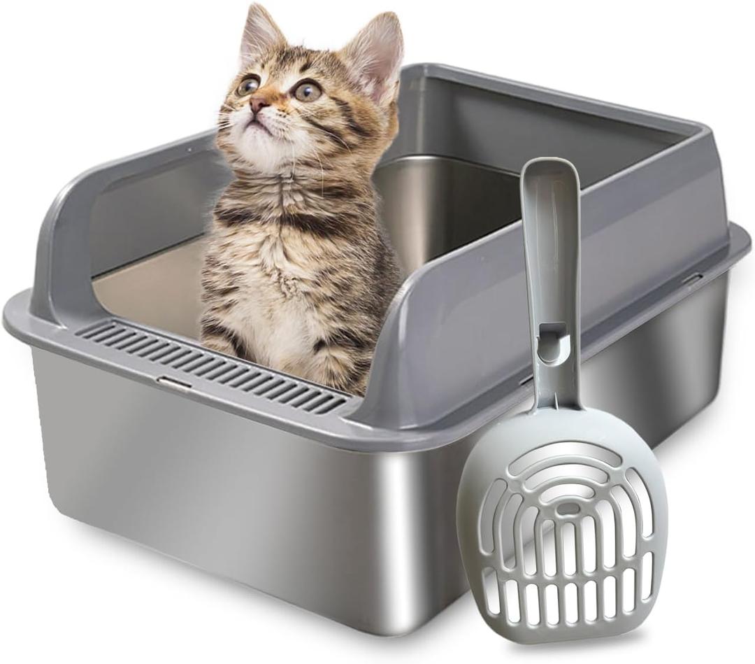 Stainless Steel Litter Box, High Sided Litter Box for Cat, Extra Large Litter Box with Lid, Easy Cleaning High Wall Side Covered Litter Box, Metal Litter Box with Scoop