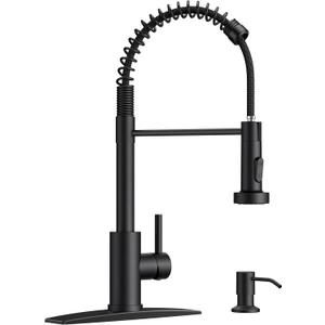 Black Kitchen Faucet with Soap Dispenser, Pull Down Sprayer, Stainless Steel, Modern Spring 1 Handle Pull Out Sink Faucet with Deck Plate for 1 or 3 Hole Sinks for Bar RV Laundry Farmhouse