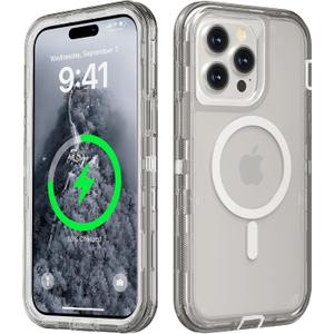 for iPhone 14 Pro Case, Compatible with MagSafe, Heavy Duty Shockproof Protection Phone Cases, Anti-Drop, Dual Layer Transparent Magnetic Phone Case for iPhone 14 Pro, 6.1", Gray