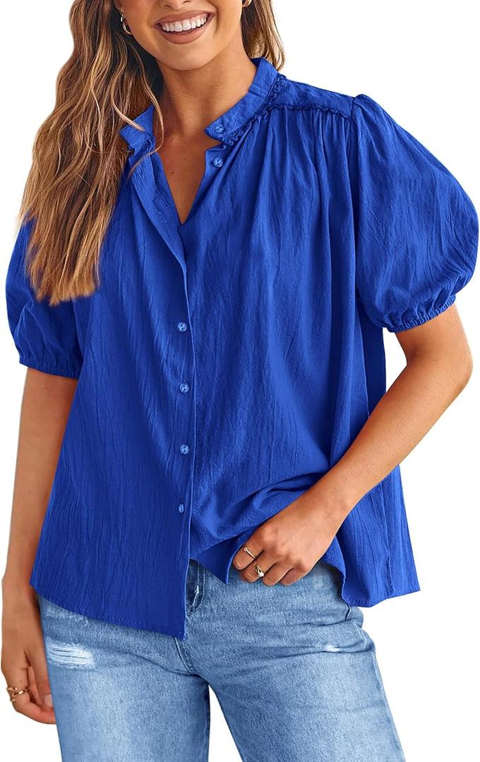 PRETTYGARDEN Women's Summer Button Down Shirts Short Lantern Sleeve V Neck Cotton Cute Dressy Casual Ladies Tops Blouses (Medium, Royal Blue)