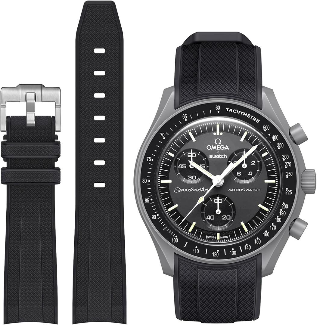 Stanchev Bands for Moonswatch Watch,Curved No Gap Soft Silicone Strap for Omega X Swatch Speedmaster 20mm Watch,Swatch Omega Moonswatch Speedmaster Replacement Strap Men Women (Black)