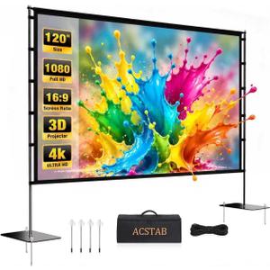 120 Inch Outdoor Projector Screen with Stand - Portable Projector Screen Outdoor Indoor Projection Screens 16:9 4K HD Movie Screens with Carry Bag Can Enjoy Home Theater Projection Screens