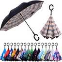 Wxjiahetai Inverted Umbrella, Windproof Reverse Umbrellas for Rain with Reversible Inside-Out Design Large Upside Down Umbrella for Women & Men with C-shaped Handle (Yellow Plaid)