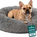 Furhaven 30" Round Calming Donut Dog Bed for Medium/Small Dogs, Refillable w/ Removable Washable Cover, For Dogs Up to 45 lbs - Shaggy Plush Long Faux Fur Donut Bed - Gray, Medium