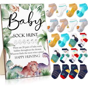 Hoteam 21 Pcs Baby Shower Games Include Baby Sock Hunt Sign and 20 Pair Small Cotton Socks Wooden Table Sign with Holder for Gender Reveal Party Favors(Delicate Style)