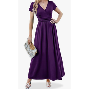 ANRILITA Women's 2026 Wrap V Neck Maxi Dress Short Sleeve Empire Waist Flowy Summer Long Dresses with Pocket Casual for Beach, Purple, XL