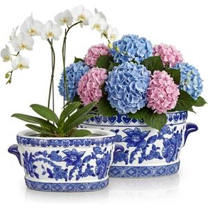 Blue and White Ceramic Planter Pot – Vintage Floral Oval Cachepot Vase for Indoor Plants, Flowers & Succulents – Glazed Chinese Porcelain Style Decorative Bowl – 7.4" or 10.6" Size – No Drainage