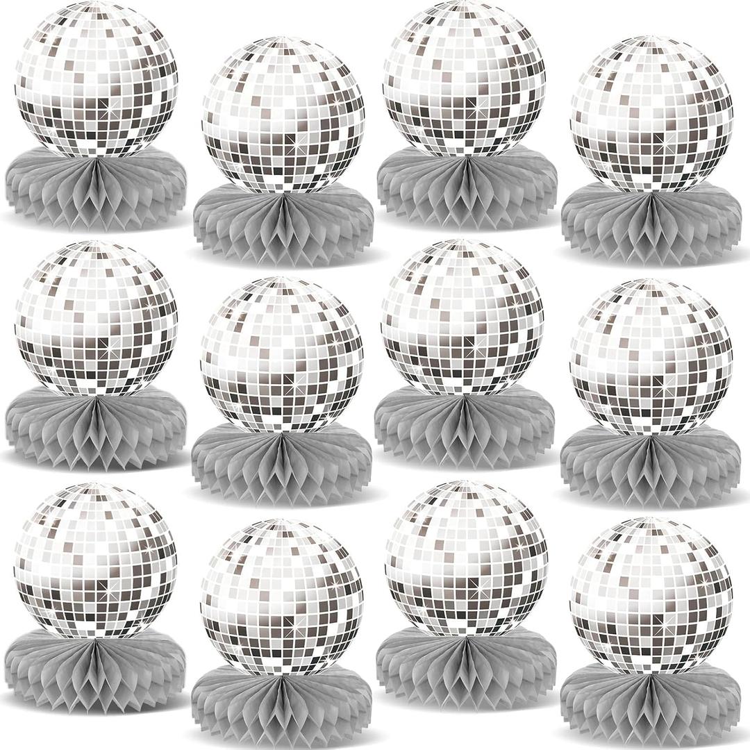 12PCS Prom Silver Disco Theme Party Honeycomb Centerpieces 70s Birthday Decorations Disco Table Toppers Discoball Centerpieces for Table Back To 70s 80s Prom 2025 Party Supplies (Not Ball)