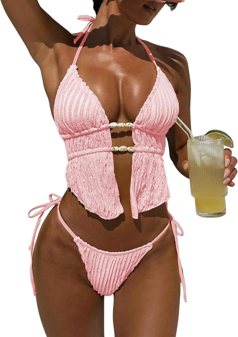 ZAFUL Halter Swimsuits for Women Textured Backless 2 Piece Bathing Suits Cheeky High Cut String Tie Side Bikini Sets (Pink, M)