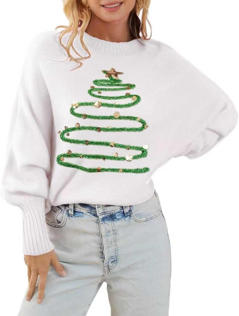 Womens Merry Christmas Sweaters Long Batwing Sleeve Sweater Loose Fit Pullover Top Sweaters (X-Large, 251 White)
