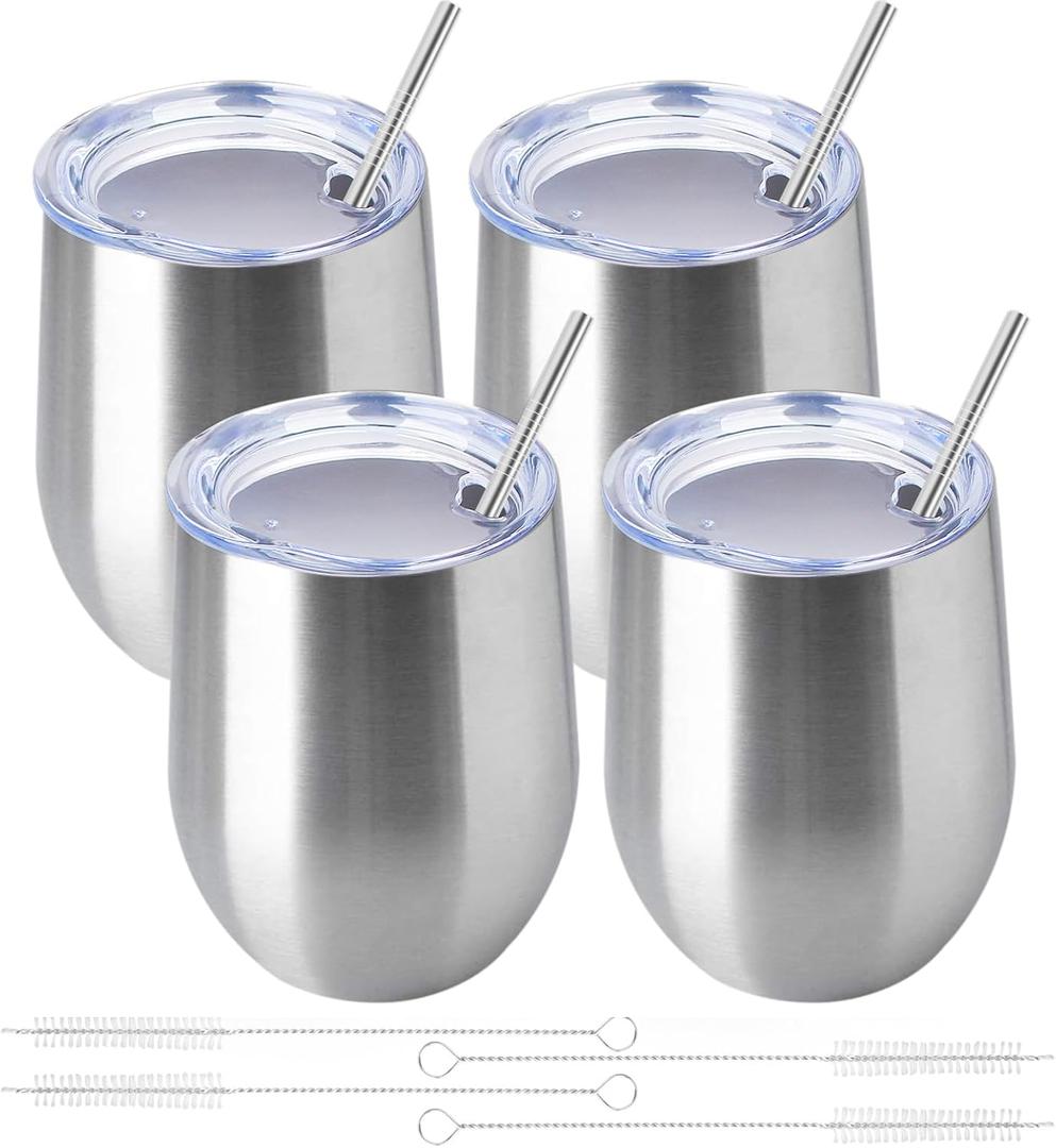 12oz/4 Pack Wine Tumbler Glasses with Lid Stemless Double Wall Vacuum Stainless Steel Travel Tumbler Keeping Cold & Hot for Wine,Coffee,Cocktails,Christmas DrinksFamily and Gifts(4 PackSliver)