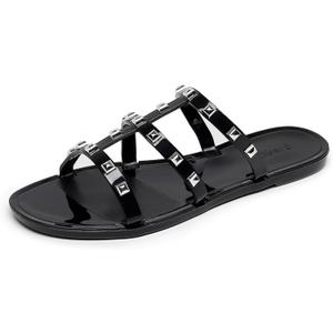 Women Flats Sandals, Studded Jelly Shoes Size 9 Red Dressy Summer Beach Rivets Strappy Jellies Slide Slip On Open Toes (10, Black Round Studded)