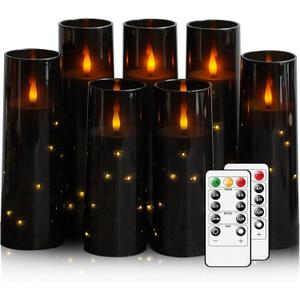 Flameless Candles,with Embedded Star String, Battery Operated Candles Flickering LED Pillar Candles with Remote Control and Timer, Home Decoration Add a Warm and Romantic AtmosphereSet of 7 (Black)