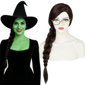 Brown Black Witch Wig and Glasses Accessories for Adult Women 80CM Long Brown Braided Wig+Cap for Halloween Witches Costume Party Cosplay