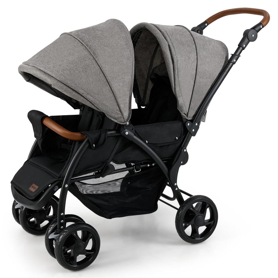 INFANS Double Stroller, Foldable Baby Tandem Stroller with Djustable Backrest Canopy Footrest, 5-Point Harness, Storage Basket, Convertible Compact Twin Stroller for Infants and Toddlers (Light Grey)
