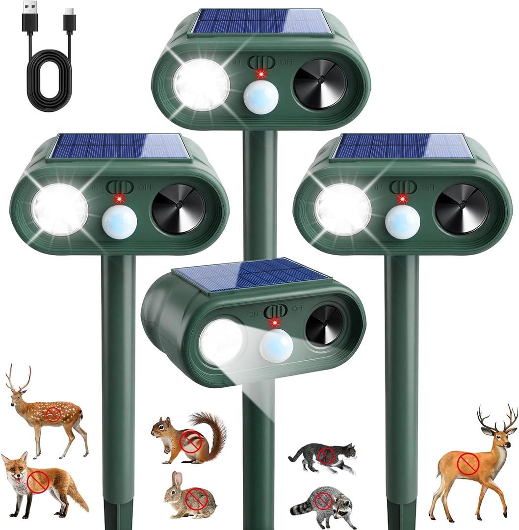 Upgraded Sonic Fortress Pro Deer Repellent Devices Squirrel Rabbit Raccoon Cat Deterrent Outdoor IP65 Waterproof Solar Ultrasonic Animal Repeller with Motion Sensor Strobe Light for Yard Garden,4Pack