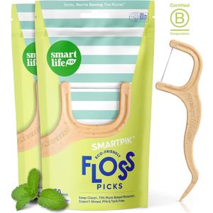 SmartLifeco Eco-Friendly Dental Floss Picks (100ct) - Flossers Made with Straw Wheat Blend, Superior Anti-Shred Thread for Tight Gaps, Tooth Pick Stick for Adults, Soft on Gum & Teeth, Vegan, Mint