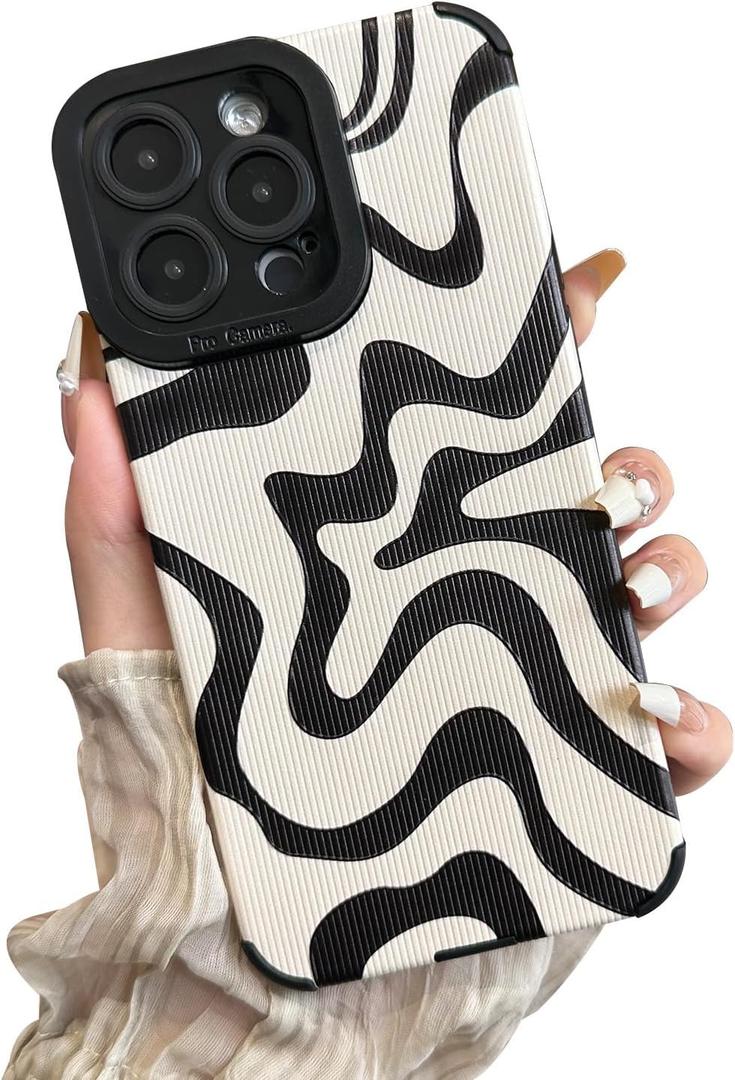 Designed for iPhone 14 Pro Phone Case, Soft PU Leather TPU and Cute Art Wavy Painted for Women Girls, Slim Protective Shockproof Compatible with iPhone Case (Beige, iPhone 14 Pro)