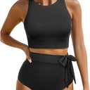Aqua Eve Women High Waisted Bikini Set Racerback Swimsuit Two Piece Bathing Suit High Neck Swimwear (Medium, Black)